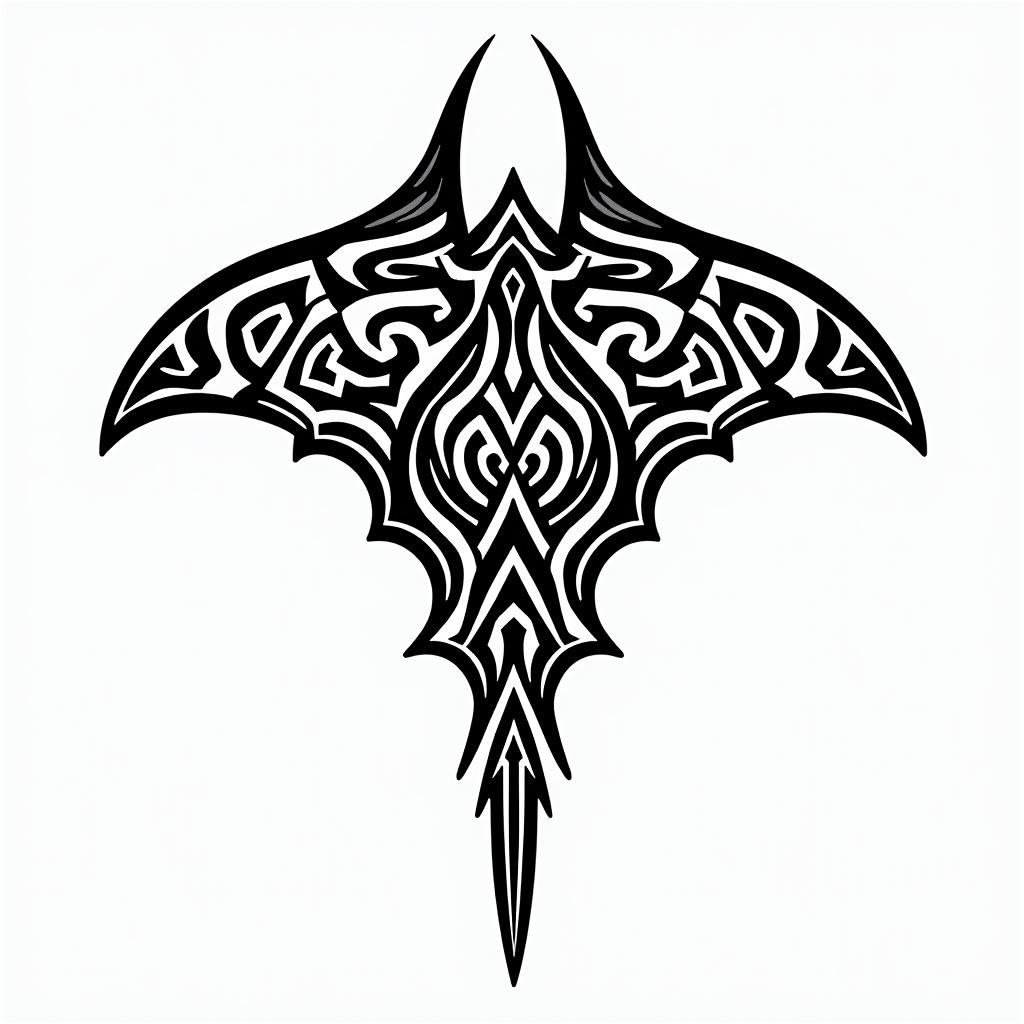 Manta ray, bold, Mayan calendarin tribal tattoo style, featuring bold and black geometric shapes, curved lines, intertwine and flow seamlessly, creating a powerful and symbolic design, polynesian and maori styles - Variation 2