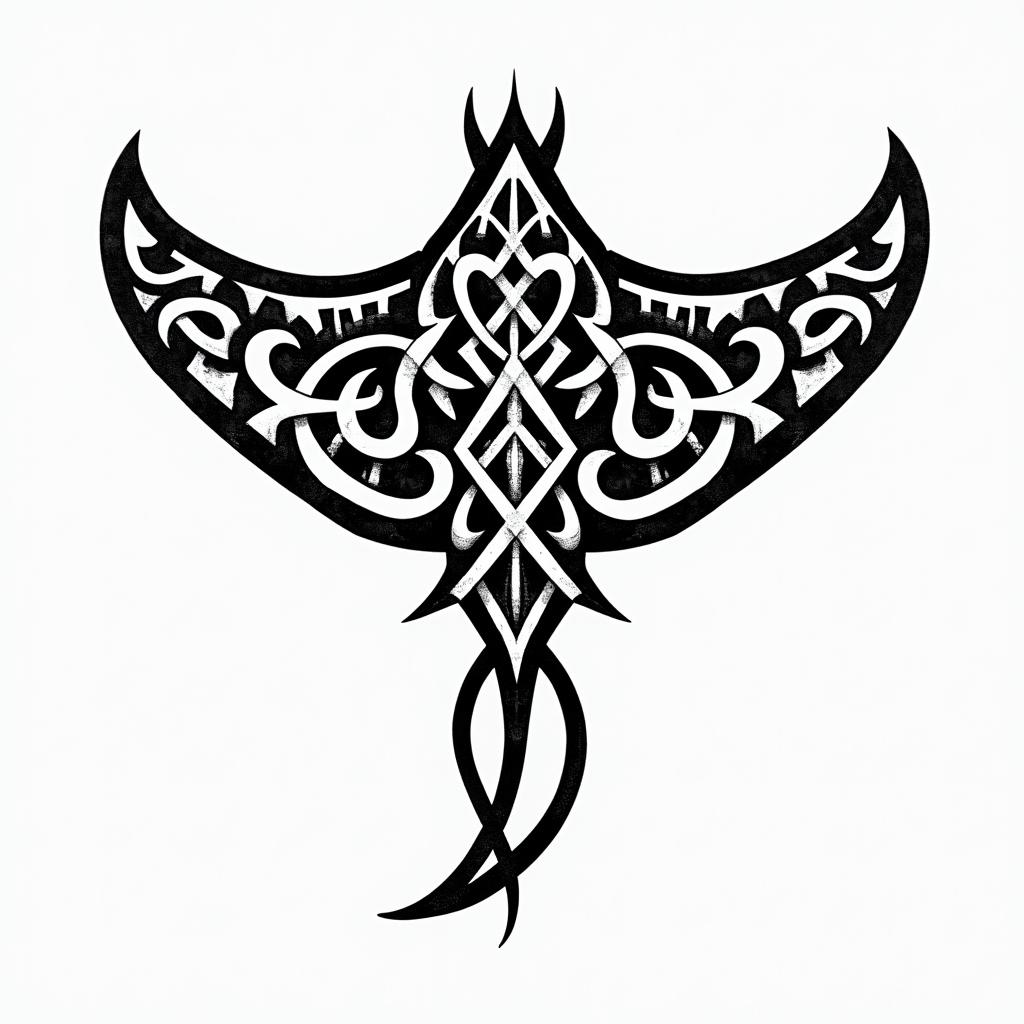 Manta ray, bold, Mayan calendarin tribal tattoo style, featuring bold and black geometric shapes, curved lines, intertwine and flow seamlessly, creating a powerful and symbolic design, polynesian and maori styles - Variation 3