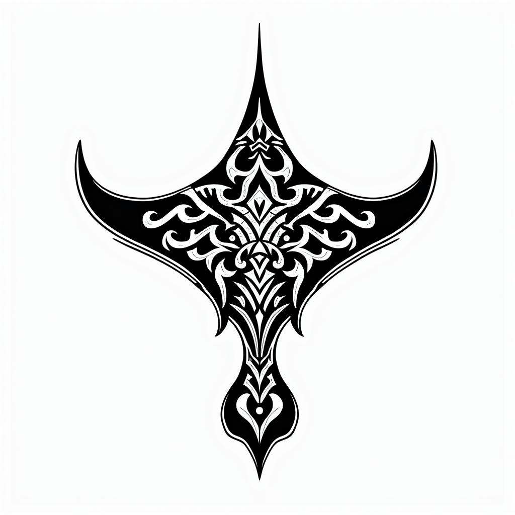 Manta ray, bold, Mayan calendarin tribal tattoo style, featuring bold and black geometric shapes, curved lines, intertwine and flow seamlessly, creating a powerful and symbolic design, polynesian and maori styles