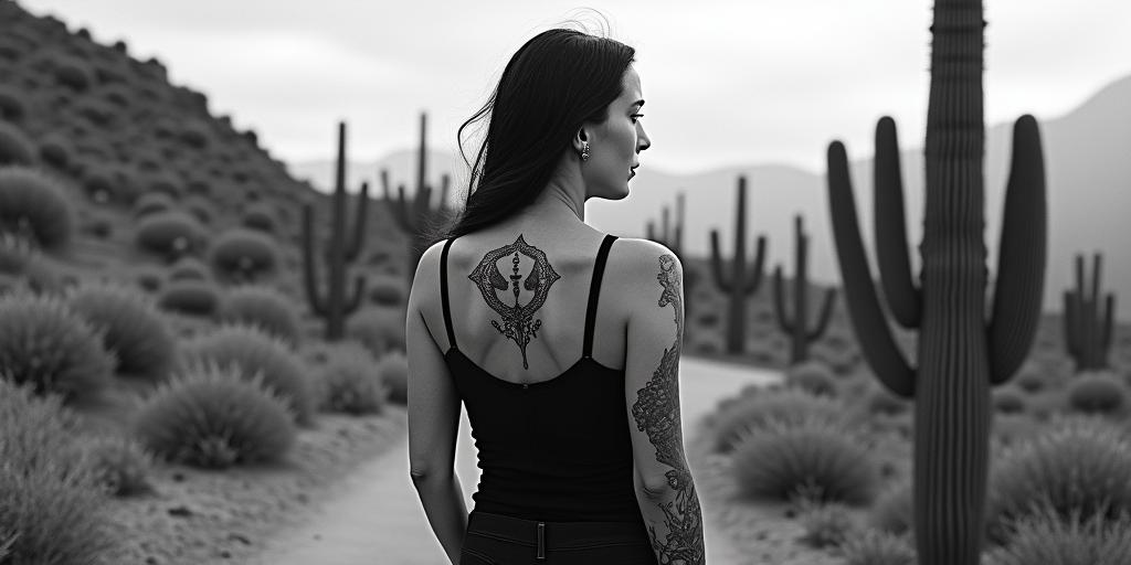 Hiking trail mountains trees one saguaro cactus no cloudshigly detailed tattoo - Variation 3