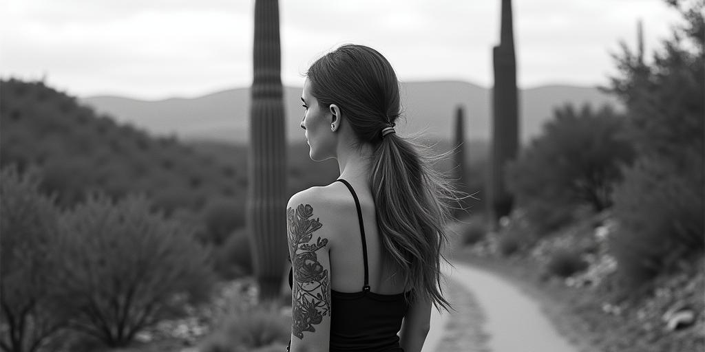 Hiking trail mountains trees one saguaro cactus no cloudshigly detailed tattoo