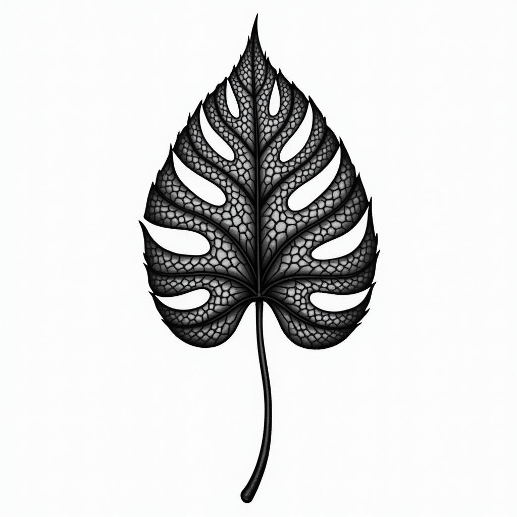 Monstera leaf in geometric style tattoo, blending hexagons, mandala-inspired patterns, symmetrical and fractal design, clean lines, sharp angles
