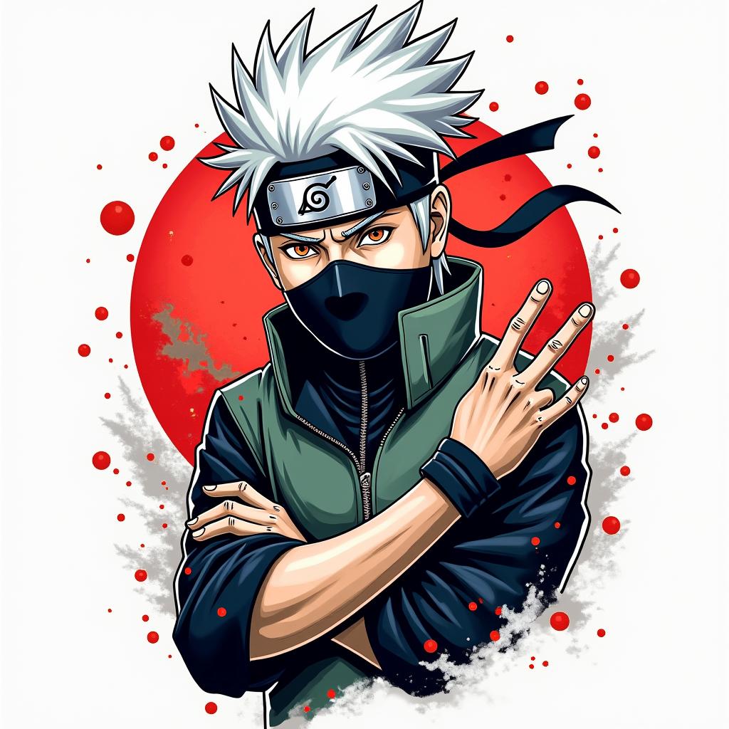 Kakashi Sensei from Naruto using Chidoriin pop art style tattoo, featuring bold and vibrant colors, exaggerated outlines, iconic imagery, inspired by comic books and speech bubbles, comic book characters, retro pop culture