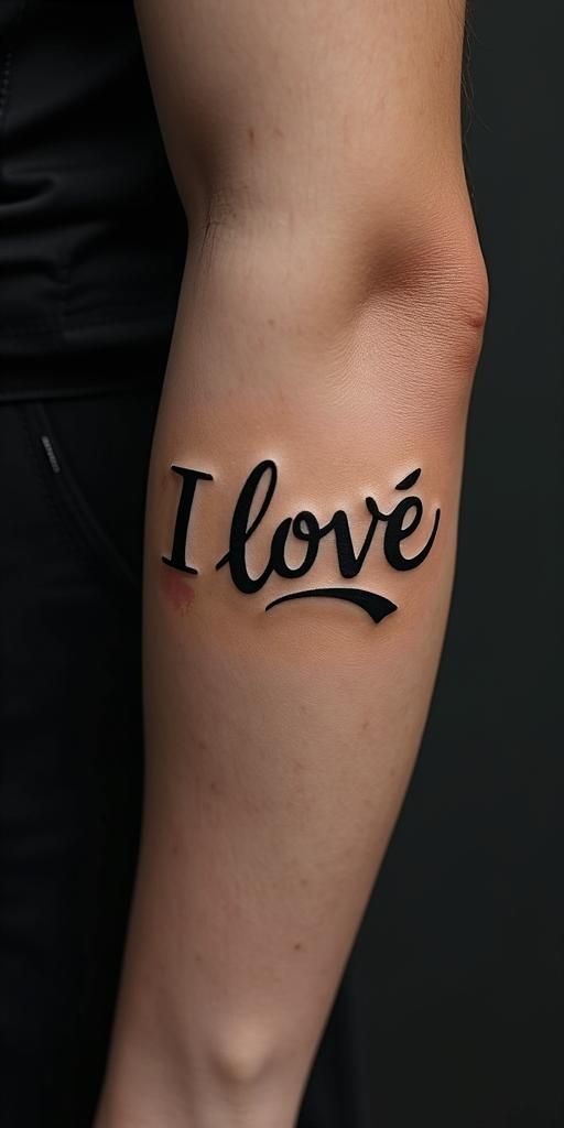 Sandra, I love you.text-based tattoo, gothic font ultra-realistic, perfectly placed, high-quality font design, photo-realistic shading, 8k, high quality, finely detailed typography