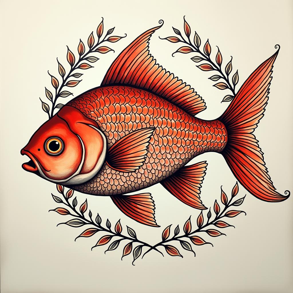 Red fishin ornamental tattoo style, featuring intricate symmetrical patterns and floral designs, showcasing highly detailed line work and geometric shapes, creating a sense of elegance and balance - Variation 4