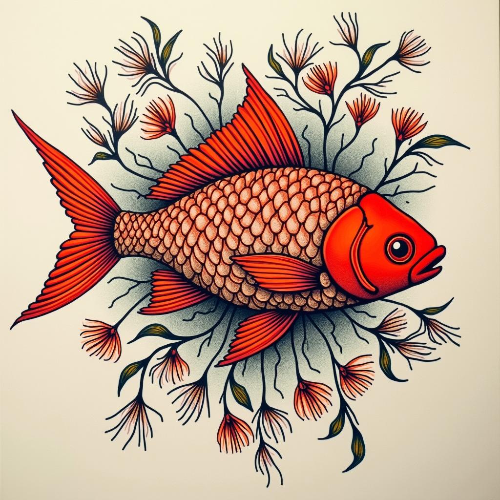 Red fishin ornamental tattoo style, featuring intricate symmetrical patterns and floral designs, showcasing highly detailed line work and geometric shapes, creating a sense of elegance and balance - Variation 3