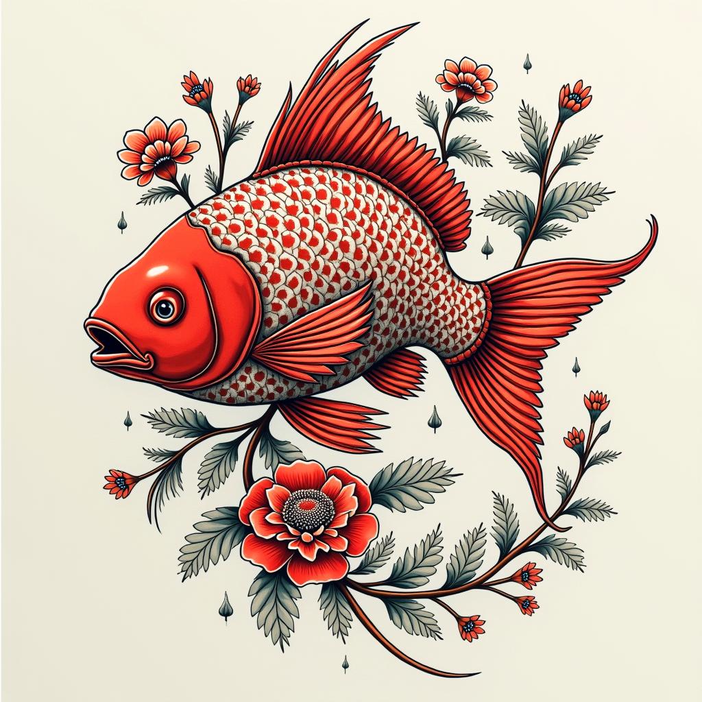 Red fishin ornamental tattoo style, featuring intricate symmetrical patterns and floral designs, showcasing highly detailed line work and geometric shapes, creating a sense of elegance and balance