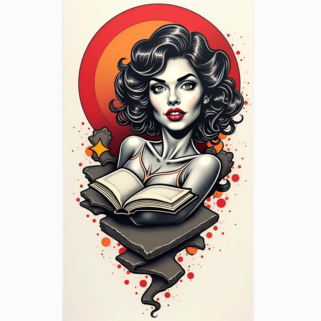 Bookin pop art style tattoo, featuring bold and vibrant colors, exaggerated outlines, iconic imagery, inspired by comic books and speech bubbles, comic book characters, retro pop culture