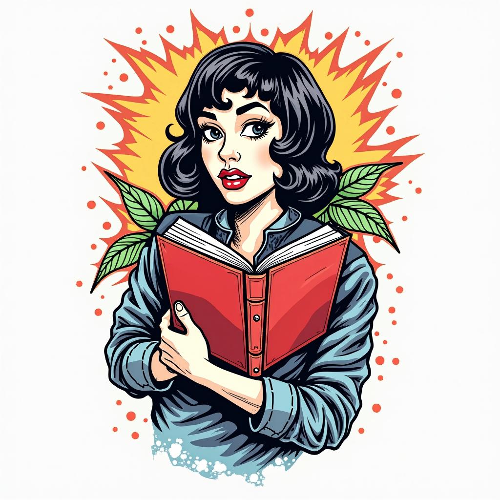 Bookin pop art style tattoo, featuring bold and vibrant colors, exaggerated outlines, iconic imagery, inspired by comic books and speech bubbles, comic book characters, retro pop culture - Variation 4