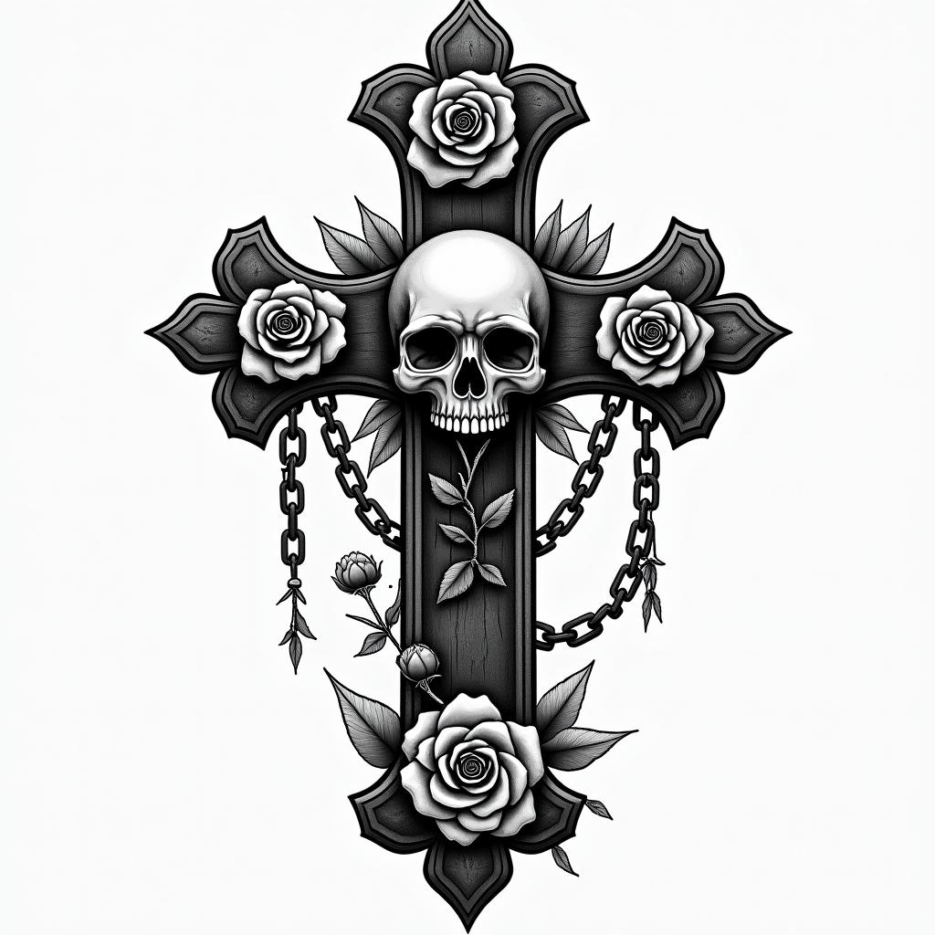 Bookin chicano style tattoo, featuring intricate black and grey shading, bold elements of traditional chicano culture symbols, add a big cross with skull, chains and roses