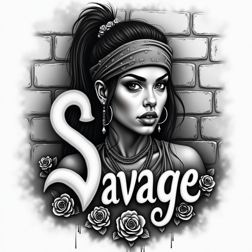 Create a realistic black and grey tattoo design in a traditional Chicano style, inspired by street works from Los Angeles. The word “Savage” must be written in negative lettering, embedded in the background (like sculpted in smoke, clouds, or a wall), with an urban graffiti style typical of the 90s. The lettering should be bold, angular, and fluid, while remaining readable.

The design should include:
	•	A Chicana woman in 3/4 view, with an intense gaze, wearing a bandana and typical jewelry (large earrings, thick chains).
	•	Street elements like a cracked brick wall, an old street lamp, or a lowrider car in the background.
	•	Realistic light plays with sharp shadows, simulating street lighting (nighttime ambiance).
	•	Roses or decorative skulls, to enhance the Chicano aesthetic.
	•	A smoky or misty texture in the background, where the word “Savage” appears in negative (like cut out from the light or shadow).

The entire drawing should maintain a dramatic and symbolic atmosphere, typical of Chicano art, with plenty of depth, contrast, and strong composition.in realism tattoo style, featuring a highly detailed, lifelike, capturing every detail, photorealistic, ultra realistic, intricate shading, smooth and sharp,   - Variation 3