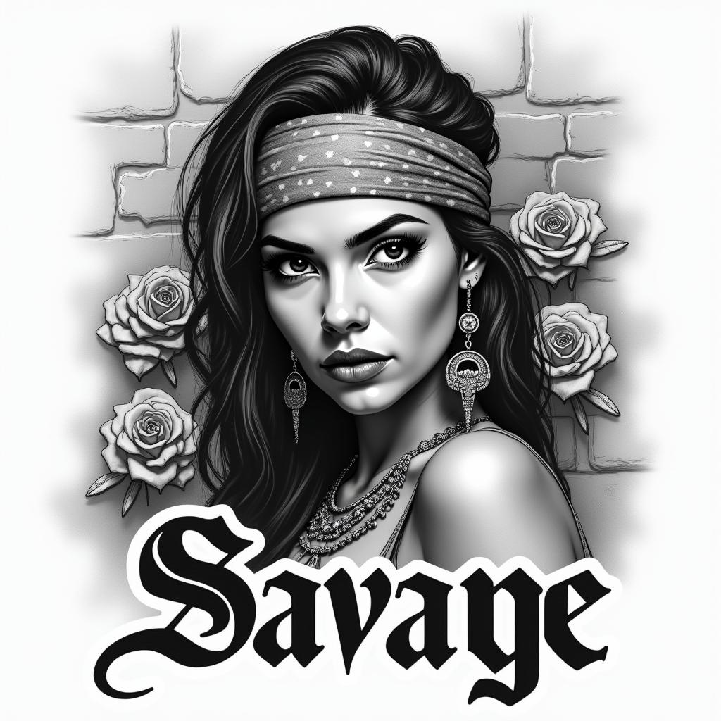 Create a realistic black and grey tattoo design in a traditional Chicano style, inspired by street works from Los Angeles. The word “Savage” must be written in negative lettering, embedded in the background (like sculpted in smoke, clouds, or a wall), with an urban graffiti style typical of the 90s. The lettering should be bold, angular, and fluid, while remaining readable.

The design should include:
	•	A Chicana woman in 3/4 view, with an intense gaze, wearing a bandana and typical jewelry (large earrings, thick chains).
	•	Street elements like a cracked brick wall, an old street lamp, or a lowrider car in the background.
	•	Realistic light plays with sharp shadows, simulating street lighting (nighttime ambiance).
	•	Roses or decorative skulls, to enhance the Chicano aesthetic.
	•	A smoky or misty texture in the background, where the word “Savage” appears in negative (like cut out from the light or shadow).

The entire drawing should maintain a dramatic and symbolic atmosphere, typical of Chicano art, with plenty of depth, contrast, and strong composition.in realism tattoo style, featuring a highly detailed, lifelike, capturing every detail, photorealistic, ultra realistic, intricate shading, smooth and sharp,   - Variation 4