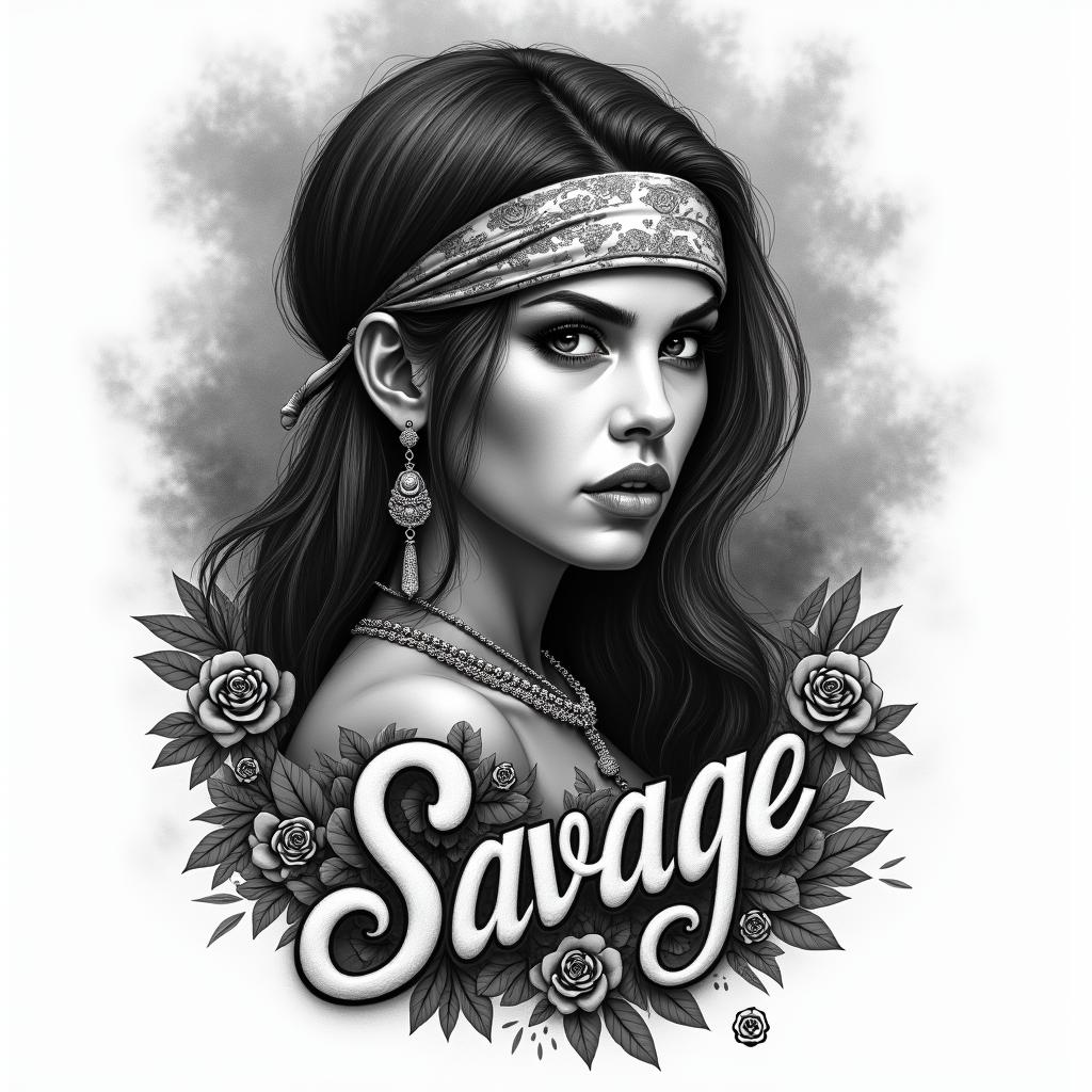 Create a realistic black and grey tattoo design in a traditional Chicano style, inspired by street works from Los Angeles. The word “Savage” must be written in negative lettering, embedded in the background (like sculpted in smoke, clouds, or a wall), with an urban graffiti style typical of the 90s. The lettering should be bold, angular, and fluid, while remaining readable.

The design should include:
	•	A Chicana woman in 3/4 view, with an intense gaze, wearing a bandana and typical jewelry (large earrings, thick chains).
	•	Street elements like a cracked brick wall, an old street lamp, or a lowrider car in the background.
	•	Realistic light plays with sharp shadows, simulating street lighting (nighttime ambiance).
	•	Roses or decorative skulls, to enhance the Chicano aesthetic.
	•	A smoky or misty texture in the background, where the word “Savage” appears in negative (like cut out from the light or shadow).

The entire drawing should maintain a dramatic and symbolic atmosphere, typical of Chicano art, with plenty of depth, contrast, and strong composition.in realism tattoo style, featuring a highly detailed, lifelike, capturing every detail, photorealistic, ultra realistic, intricate shading, smooth and sharp,   - Variation 2
