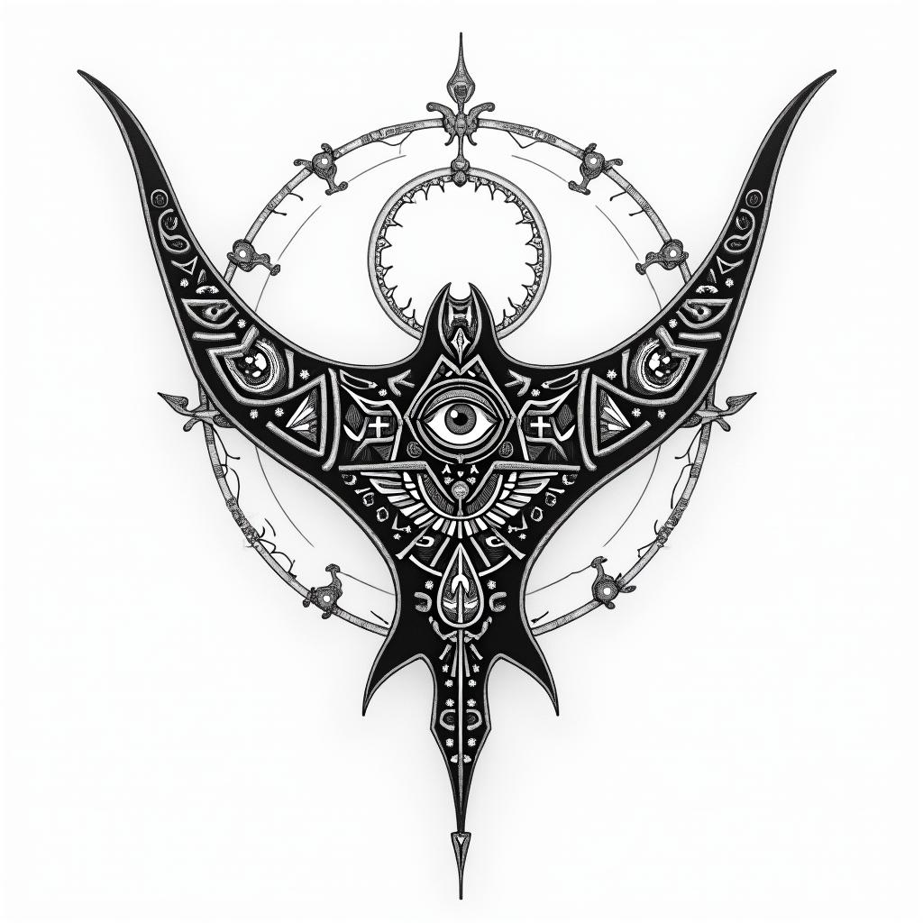 Manta ray, bold, Mayan calendarin prophecy tattoo style, featuring mystical symbols, celestial imagery like stars, moons, suns, geometric patterns, foretelling elements, an eye of wisdom - Variation 9