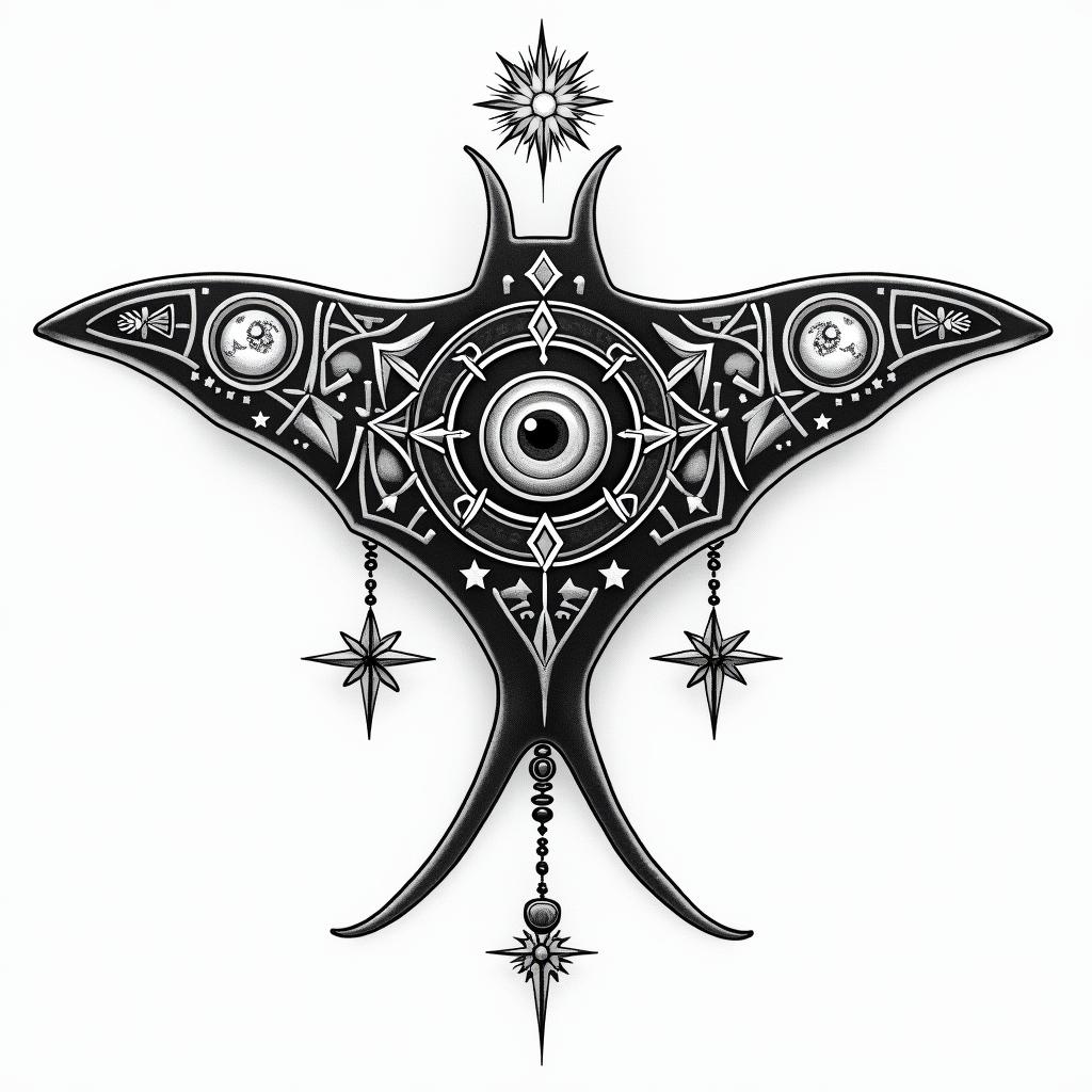 Manta ray, bold, Mayan calendarin prophecy tattoo style, featuring mystical symbols, celestial imagery like stars, moons, suns, geometric patterns, foretelling elements, an eye of wisdom - Variation 11