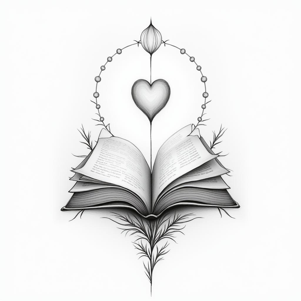 Bookin Modest style tattoo, featuring soft, delicate line work with simple and meaningful symbols, gentle waves, a heart, evoking a sense of serenity and grace,