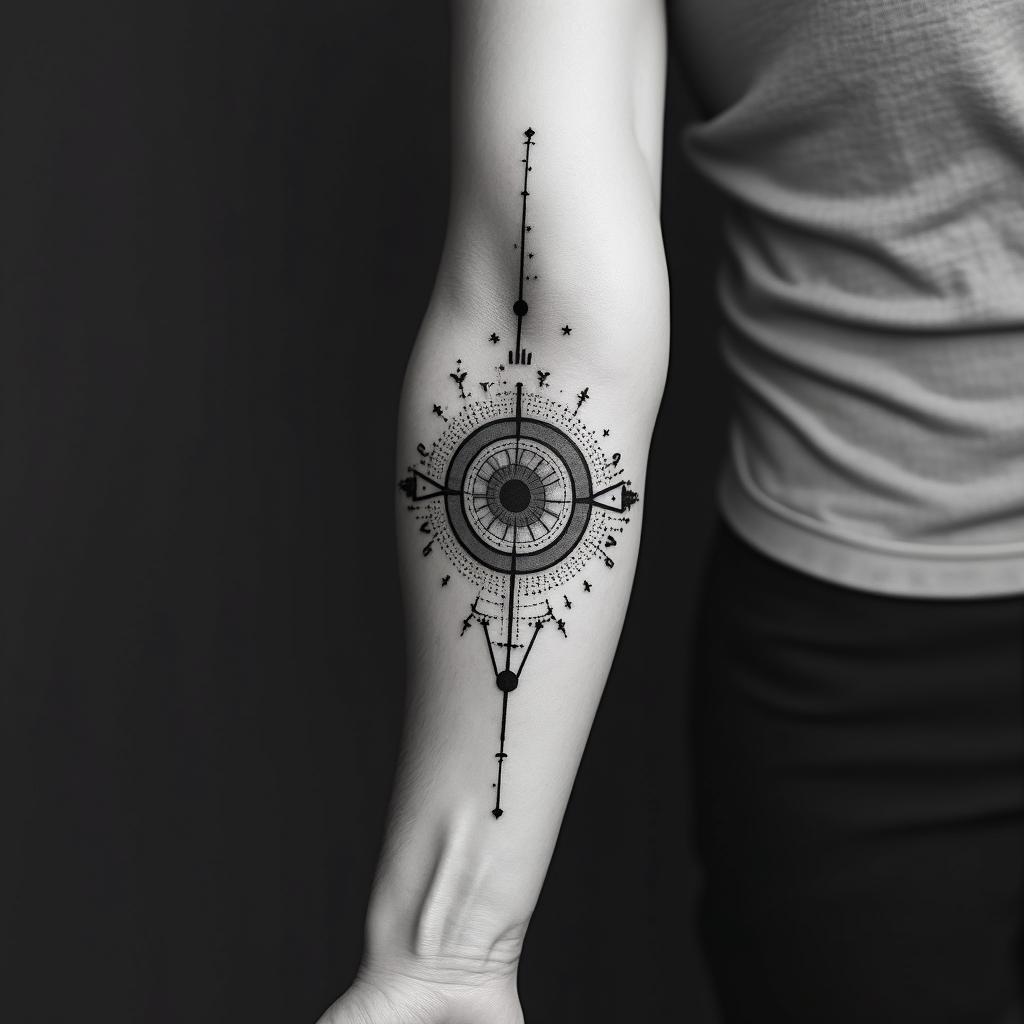 Fine lines, important dates, loss, gain, pain, hope, failure, success.in prophecy tattoo style, featuring mystical symbols, celestial imagery like stars, moons, suns, geometric patterns, foretelling elements, an eye of wisdom - Variation 3