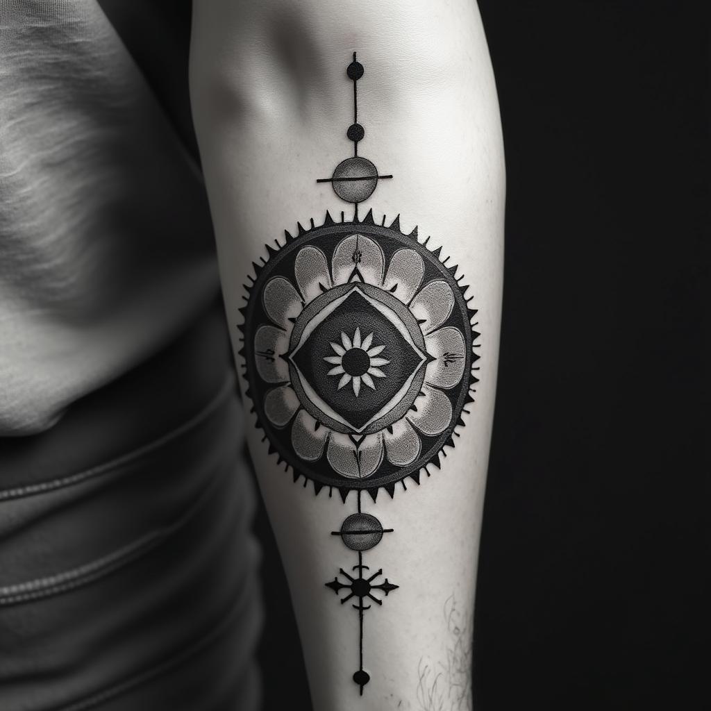 Fine lines, important dates, loss, gain, pain, hope, failure, success.in prophecy tattoo style, featuring mystical symbols, celestial imagery like stars, moons, suns, geometric patterns, foretelling elements, an eye of wisdom - Variation 4