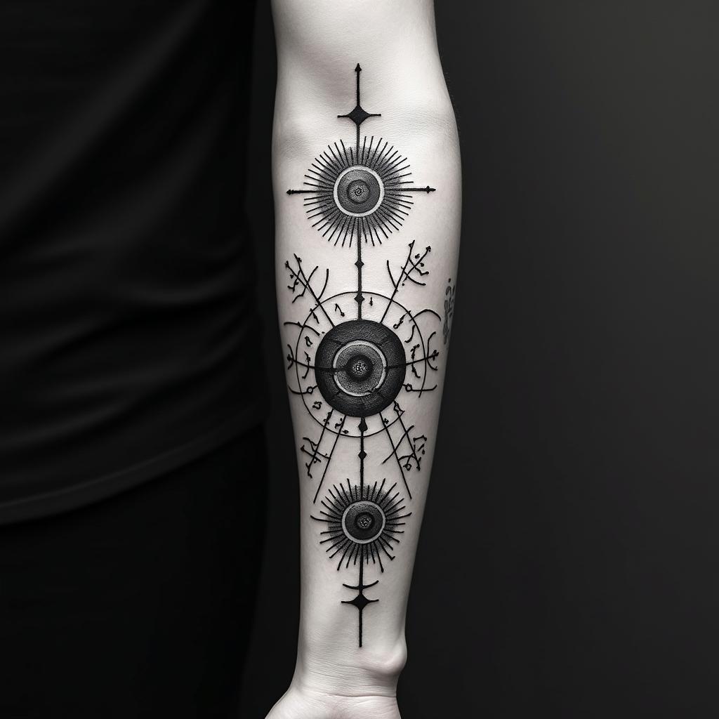 Fine lines, important dates, loss, gain, pain, hope, failure, success.in prophecy tattoo style, featuring mystical symbols, celestial imagery like stars, moons, suns, geometric patterns, foretelling elements, an eye of wisdom - Variation 2