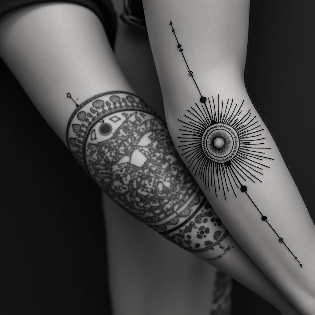 Fine lines, important dates, loss, gain, pain, hope, failure, success.in prophecy tattoo style, featuring mystical symbols, celestial imagery like stars, moons, suns, geometric patterns, foretelling elements, an eye of wisdom