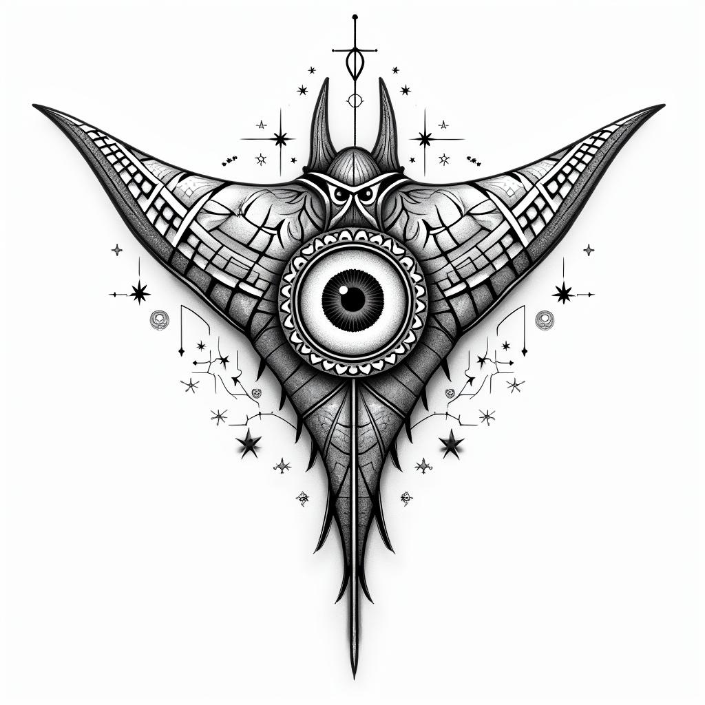 Manta ray, bold, Mayan calendarin prophecy tattoo style, featuring mystical symbols, celestial imagery like stars, moons, suns, geometric patterns, foretelling elements, an eye of wisdom - Variation 6