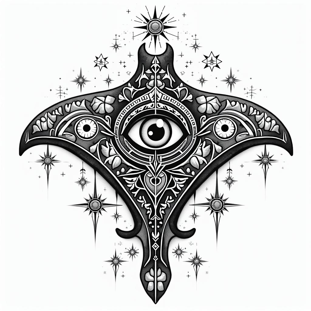 Manta ray, bold, Mayan calendarin prophecy tattoo style, featuring mystical symbols, celestial imagery like stars, moons, suns, geometric patterns, foretelling elements, an eye of wisdom - Variation 8