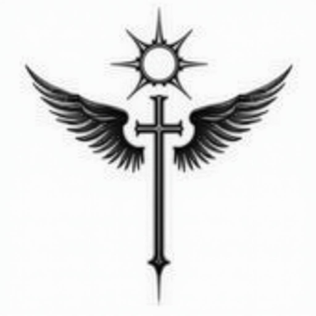 Simple minimalist cross with a halo over it. Simple wings coming out the sides. With " Grandma" going across ittext-based tattoo, gothic font ultra-realistic, perfectly placed, high-quality font design, photo-realistic shading, 8k, high quality, finely detailed typography