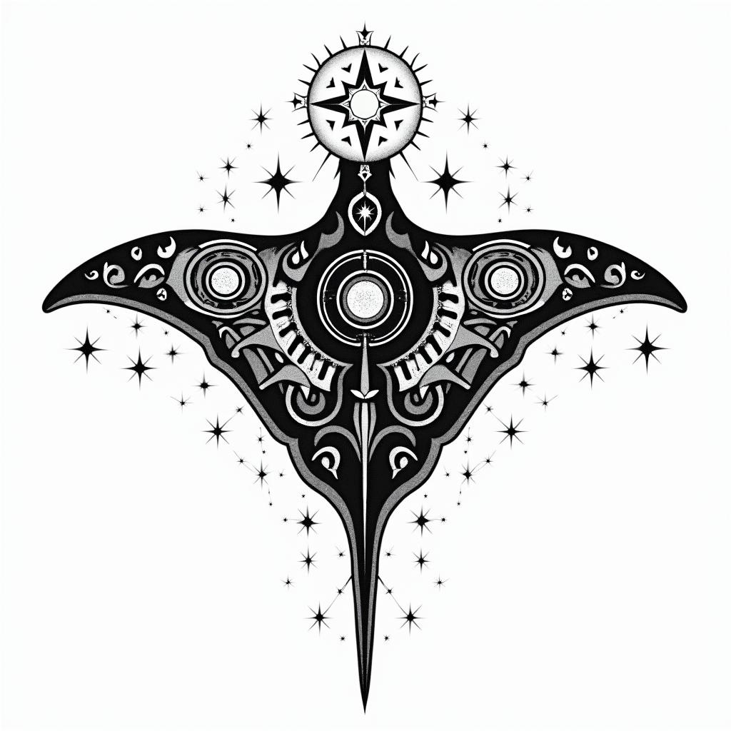 Manta ray, bold, Mayan calendarin prophecy tattoo style, featuring mystical symbols, celestial imagery like stars, moons, suns, geometric patterns, foretelling elements, an eye of wisdom - Variation 4