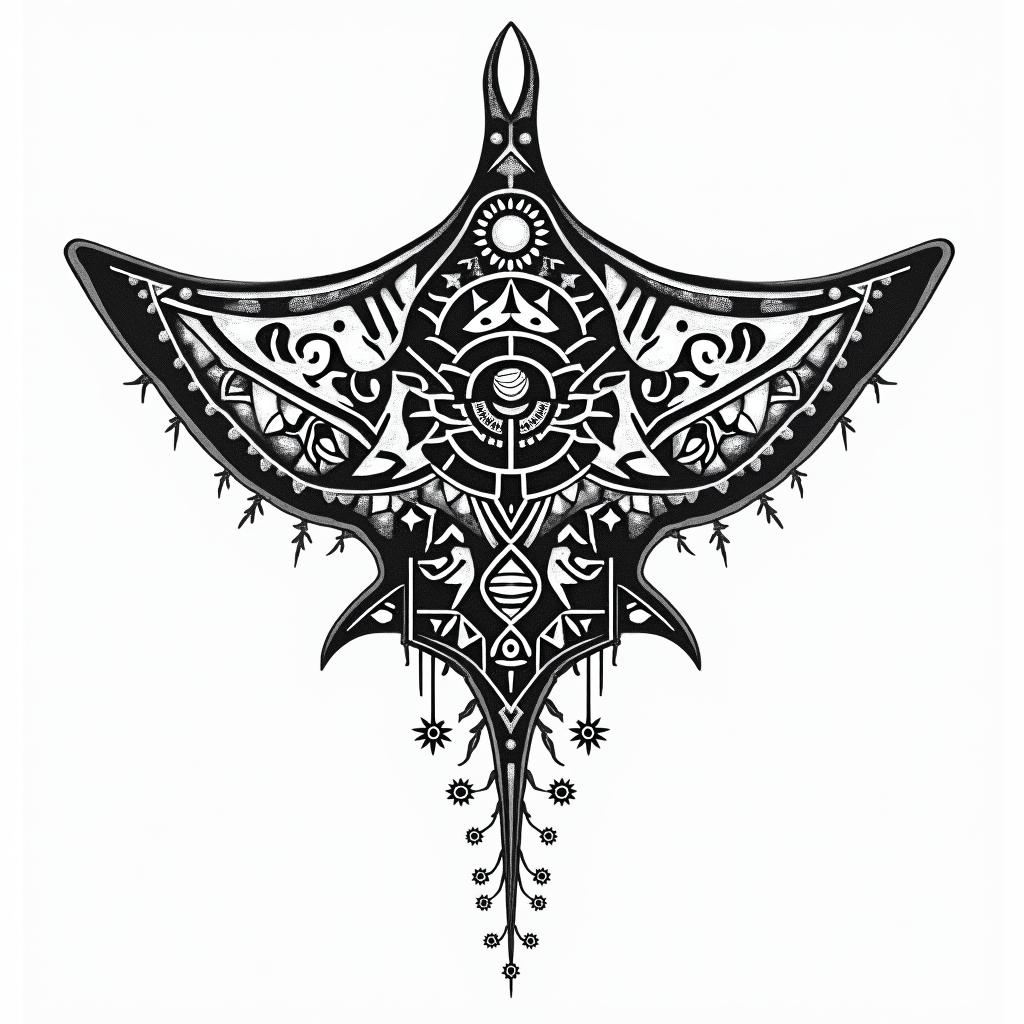 Manta ray, bold, Mayan calendarin prophecy tattoo style, featuring mystical symbols, celestial imagery like stars, moons, suns, geometric patterns, foretelling elements, an eye of wisdom - Variation 2