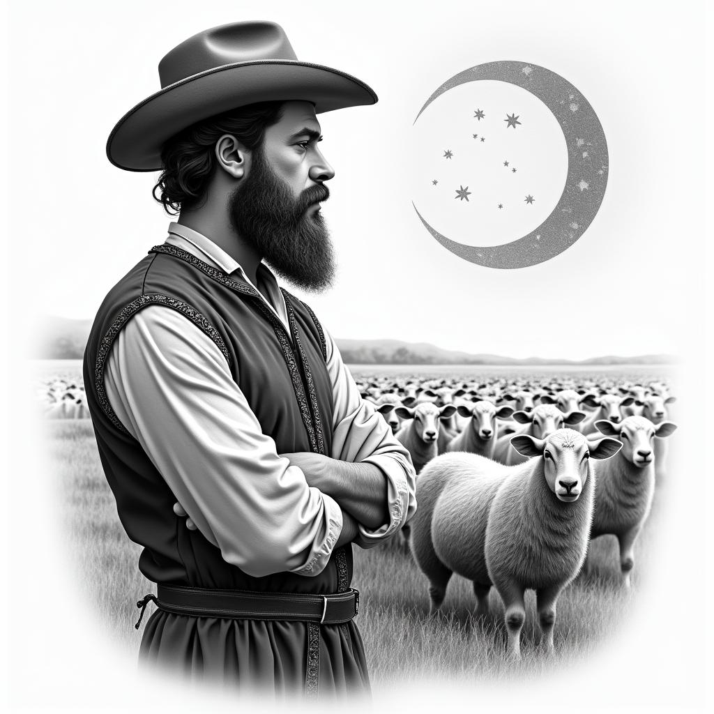 A shepherd in traditional German clothing and with a beard on the left side in the foreground, next to a grazing flock of sheep in the background and the constellation Leo in the sky.in realism tattoo style, featuring a highly detailed, lifelike, capturing every detail, photorealistic, ultra realistic, intricate shading, smooth and sharp, - Variation 4