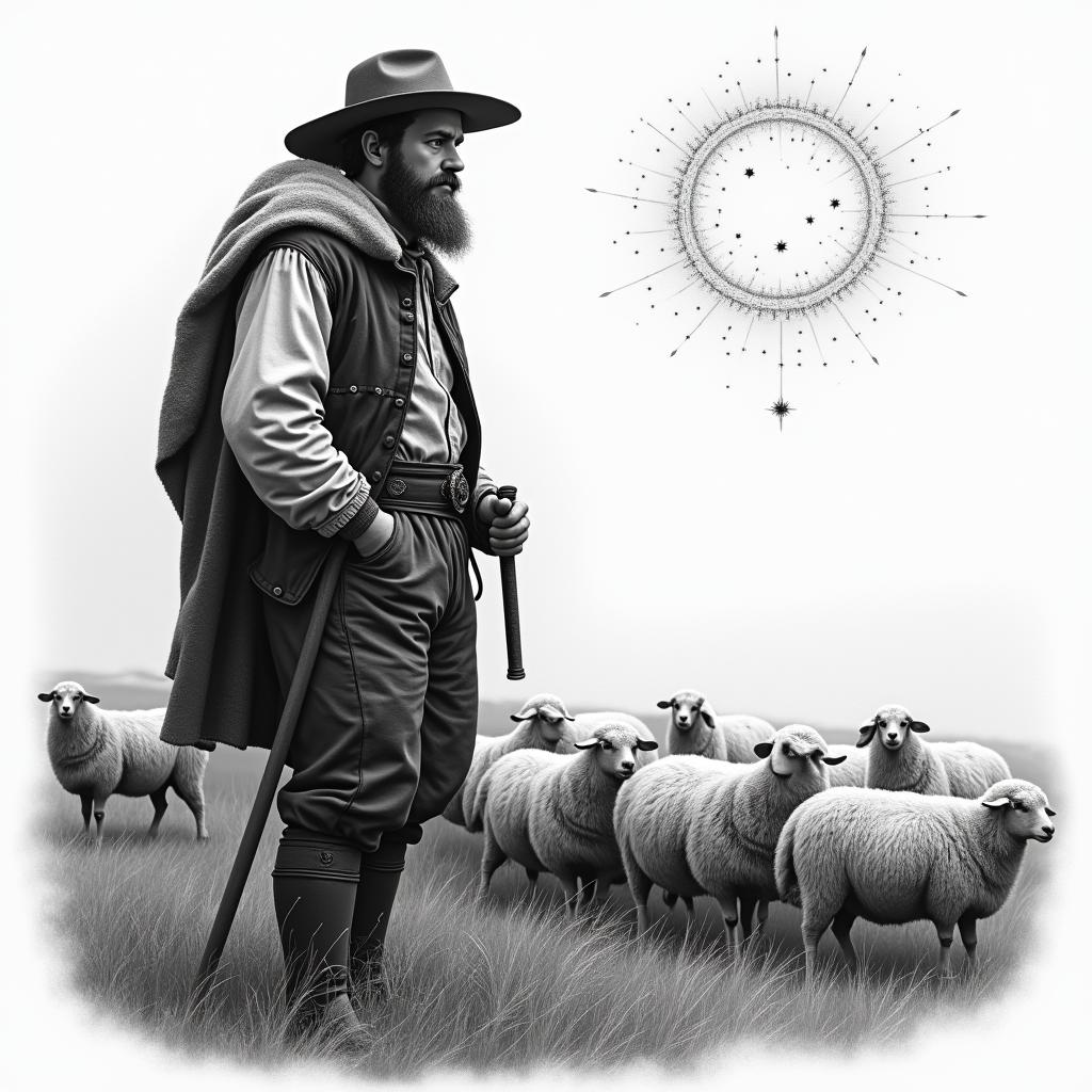 A shepherd in traditional German clothing and with a beard on the left side in the foreground, next to a grazing flock of sheep in the background and the constellation Leo in the sky.in realism tattoo style, featuring a highly detailed, lifelike, capturing every detail, photorealistic, ultra realistic, intricate shading, smooth and sharp, - Variation 2