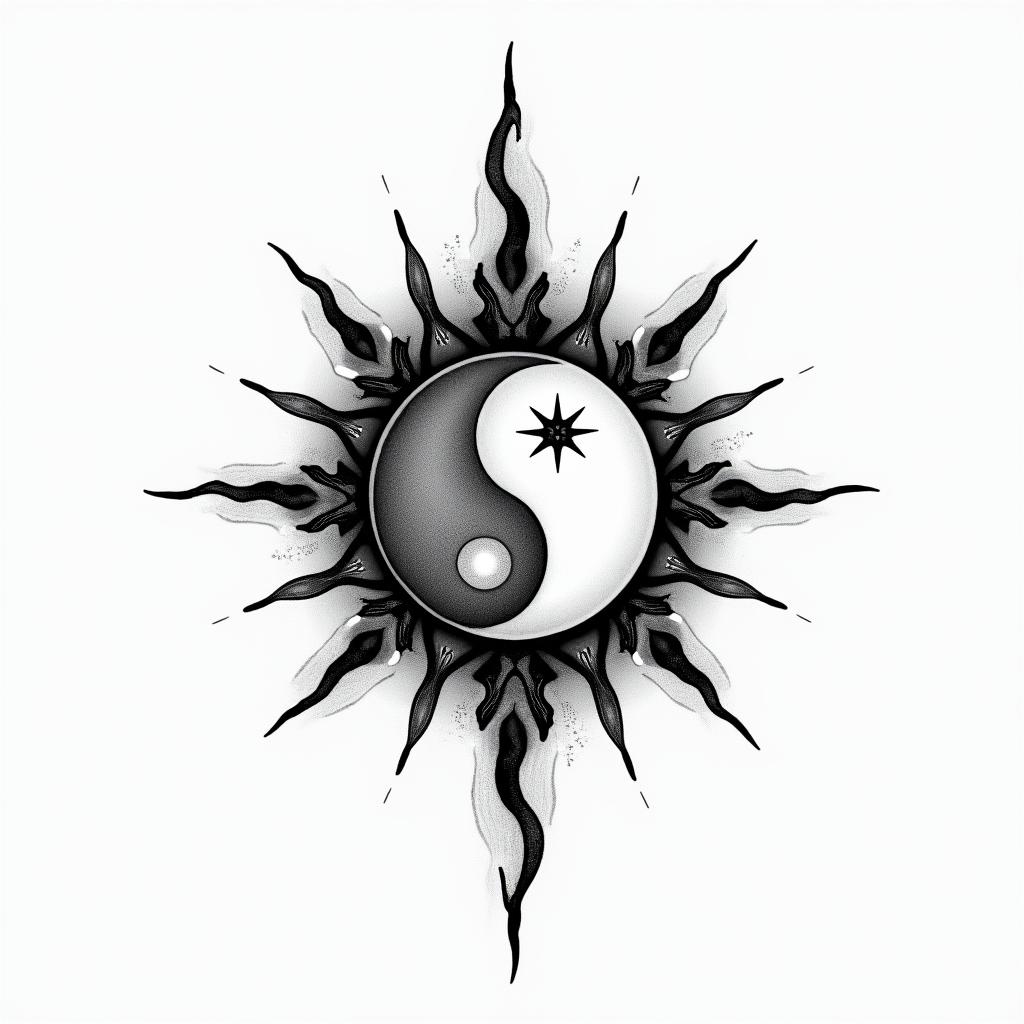 Sun and moon intertwined, shiningin spiritual symbols tattoo style, featuring an intricate design incorporating elements, Hamsa hand, third eye, minimalist composition