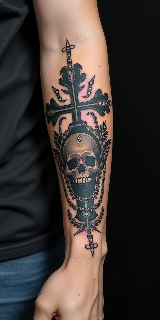 Leonin chicano style tattoo, featuring intricate black and grey shading, bold elements of traditional chicano culture symbols, add a big cross with skull, chains and roses
