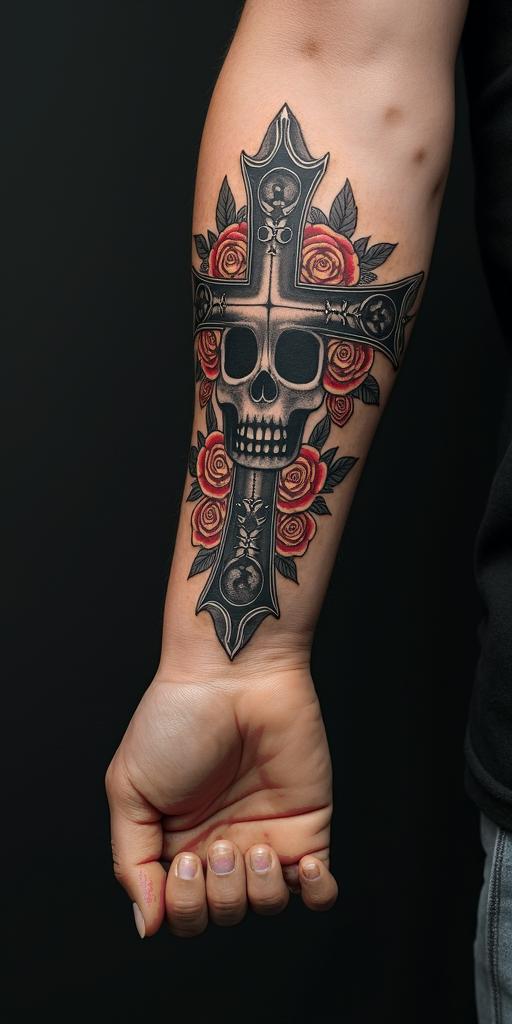 Leonin chicano style tattoo, featuring intricate black and grey shading, bold elements of traditional chicano culture symbols, add a big cross with skull, chains and roses - Variation 3