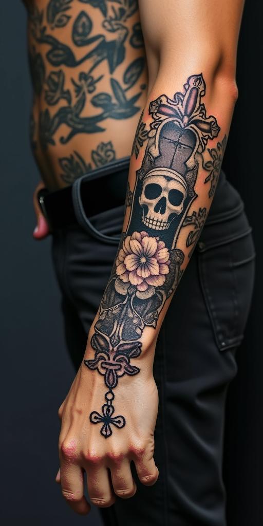 Leonin chicano style tattoo, featuring intricate black and grey shading, bold elements of traditional chicano culture symbols, add a big cross with skull, chains and roses - Variation 4