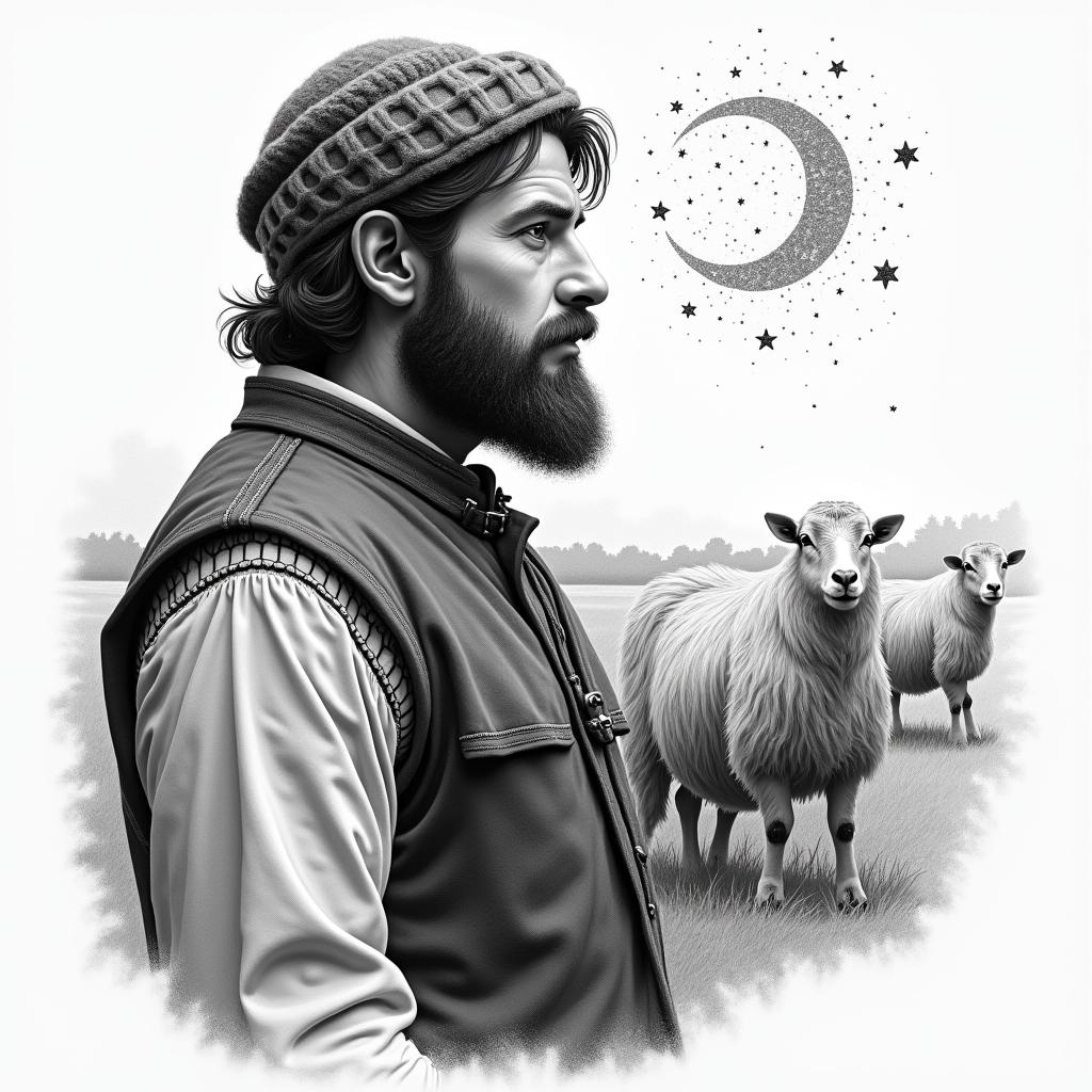 A shepherd in traditional German clothing and with a beard on the left side in the foreground, next to a grazing flock of sheep in the background and the constellation Leo in the sky.in portrait tattoo style, featuring a highly realistic and detailed depiction - Variation 3