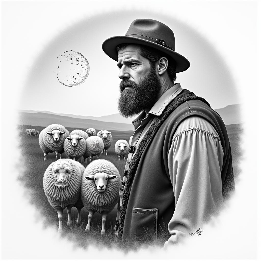 A shepherd in traditional German clothing and with a beard on the left side in the foreground, next to a grazing flock of sheep in the background and the constellation Leo in the sky.in portrait tattoo style, featuring a highly realistic and detailed depiction - Variation 2