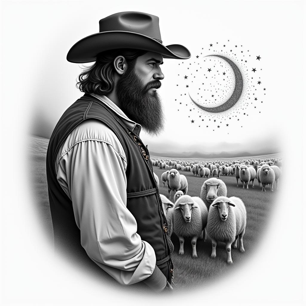 A shepherd in traditional German clothing and with a beard on the left side in the foreground, next to a grazing flock of sheep in the background and the constellation Leo in the sky.in portrait tattoo style, featuring a highly realistic and detailed depiction - Variation 4