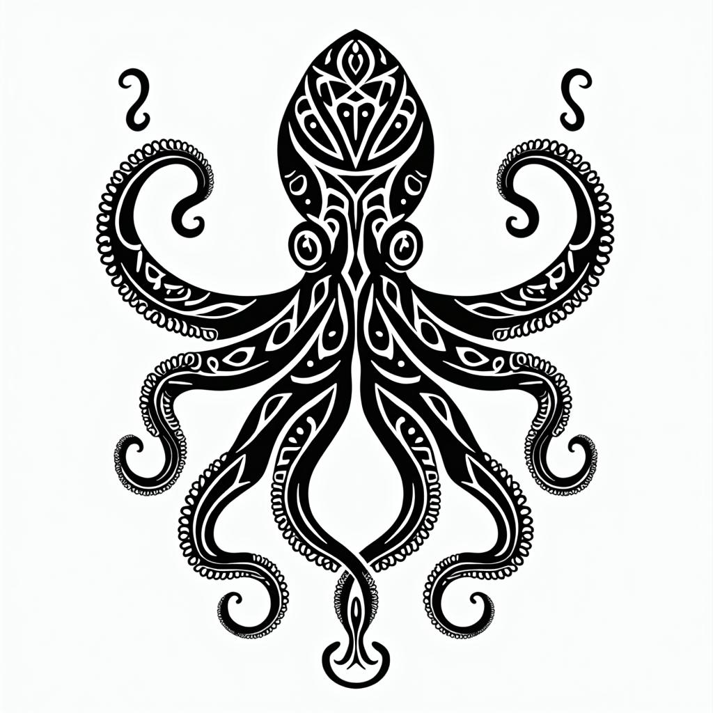 Tribal octopus,in tribal tattoo style, featuring bold and black geometric shapes, curved lines, intertwine and flow seamlessly, creating a powerful and symbolic design, polynesian and maori styles - Variation 4