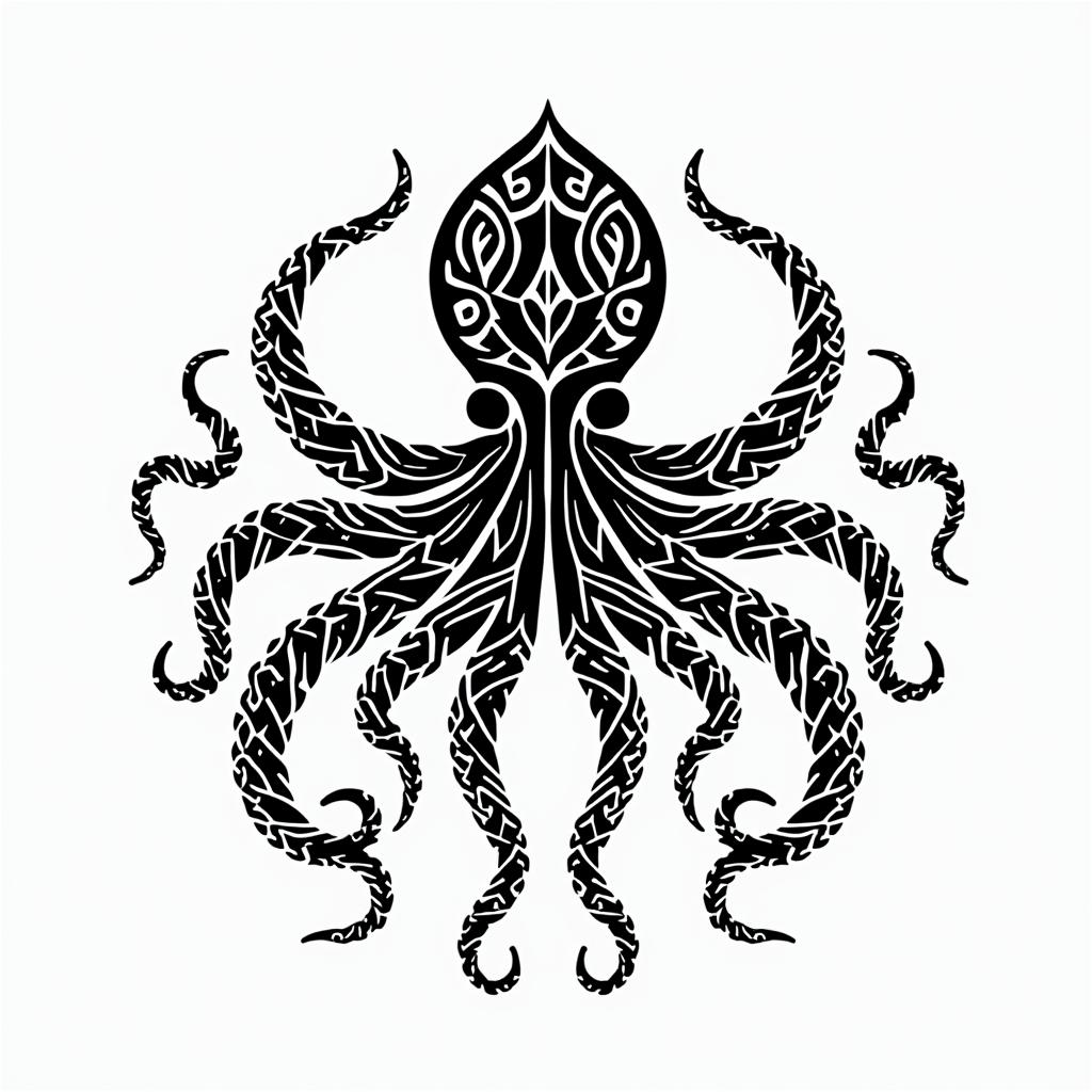 Tribal octopus,in tribal tattoo style, featuring bold and black geometric shapes, curved lines, intertwine and flow seamlessly, creating a powerful and symbolic design, polynesian and maori styles - Variation 3