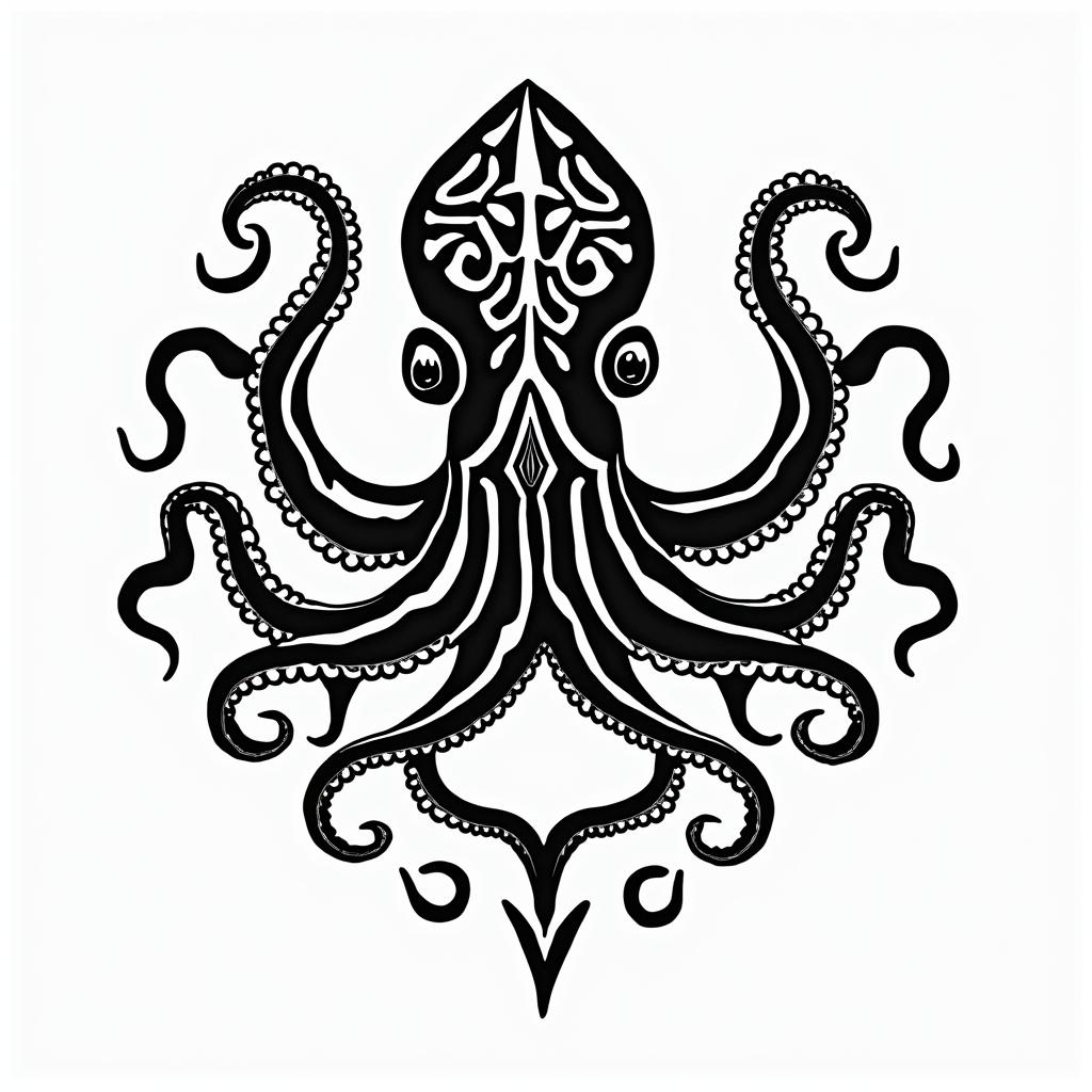 Tribal octopus,in tribal tattoo style, featuring bold and black geometric shapes, curved lines, intertwine and flow seamlessly, creating a powerful and symbolic design, polynesian and maori styles - Variation 2