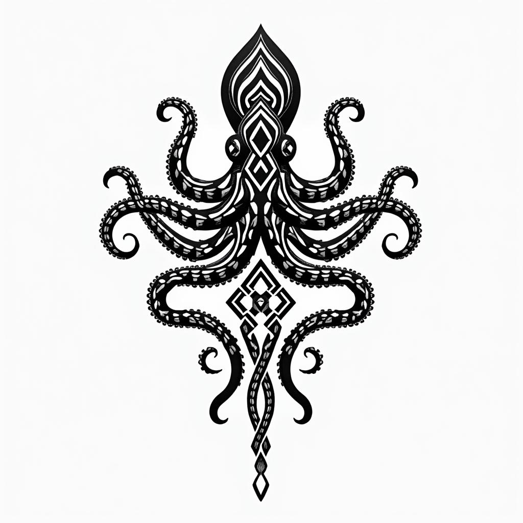 Tribal octopus,in tribal tattoo style, featuring bold and black geometric shapes, curved lines, intertwine and flow seamlessly, creating a powerful and symbolic design, polynesian and maori styles