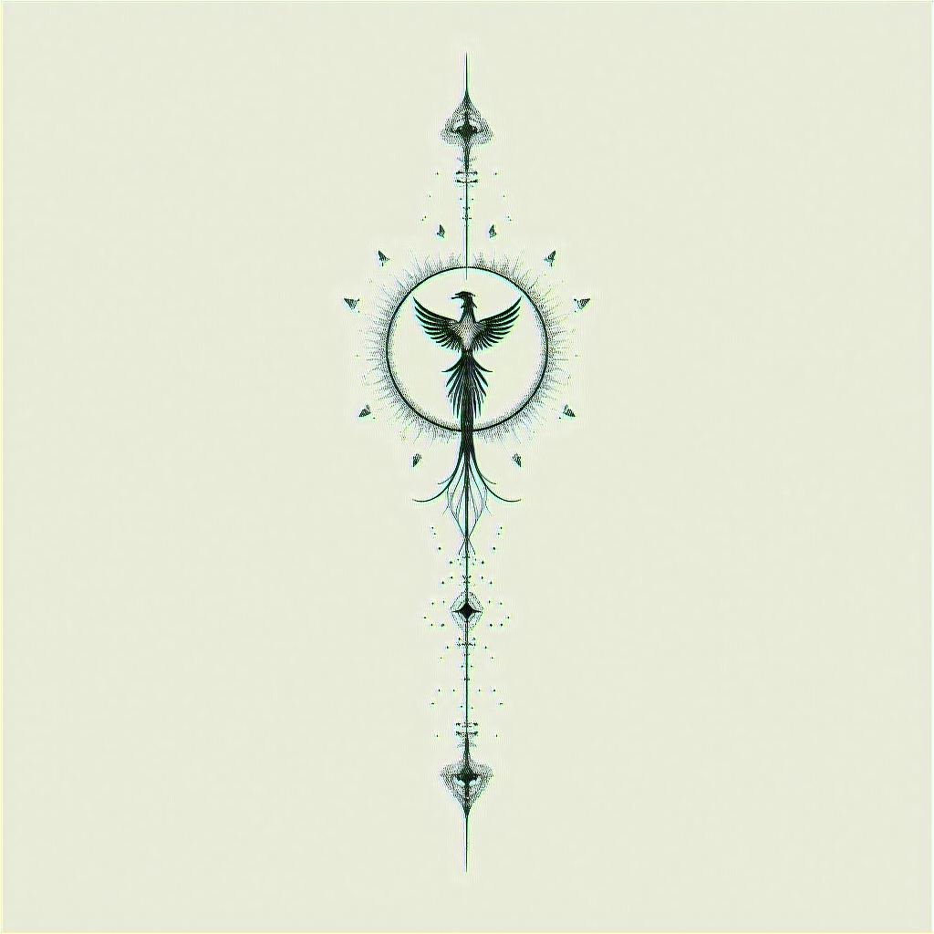 Fine lines, important dates, Phoenixin minimalist style tattoo, featuring simple shapes and fine lines, with minimal shading and details, tiny triangles, creating a sense of balance and harmony - Variation 4