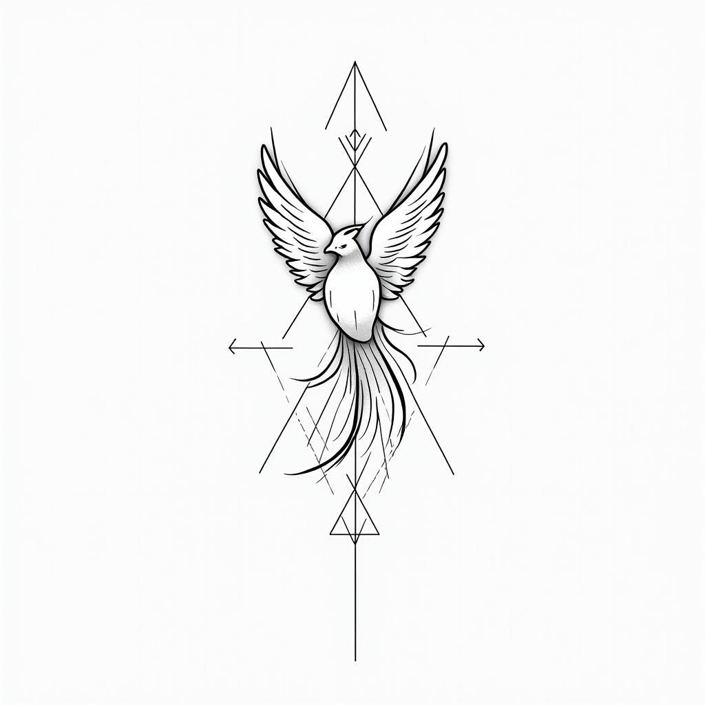 Fine lines, important dates, Phoenixin minimalist style tattoo, featuring simple shapes and fine lines, with minimal shading and details, tiny triangles, creating a sense of balance and harmony