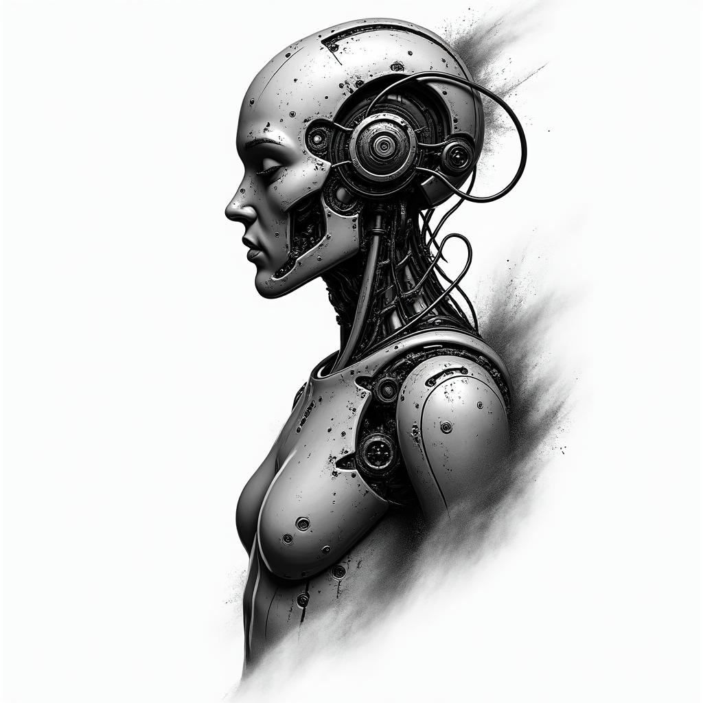 Black Word, travels, warrior, Godtattoo in biomechanic style, the tattoo covered by robotic elements of futuristic cyberpunk design, robotic features detail, showcasing intricate mechanical components - Variation 2