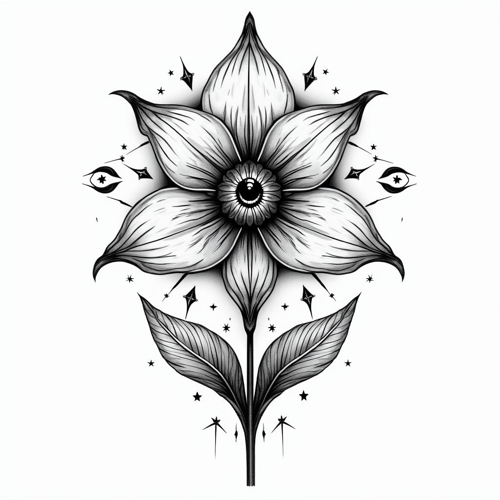 Jasmine flower feminine namein prophecy tattoo style, featuring mystical symbols, celestial imagery like stars, moons, suns, geometric patterns, foretelling elements, an eye of wisdom - Variation 2