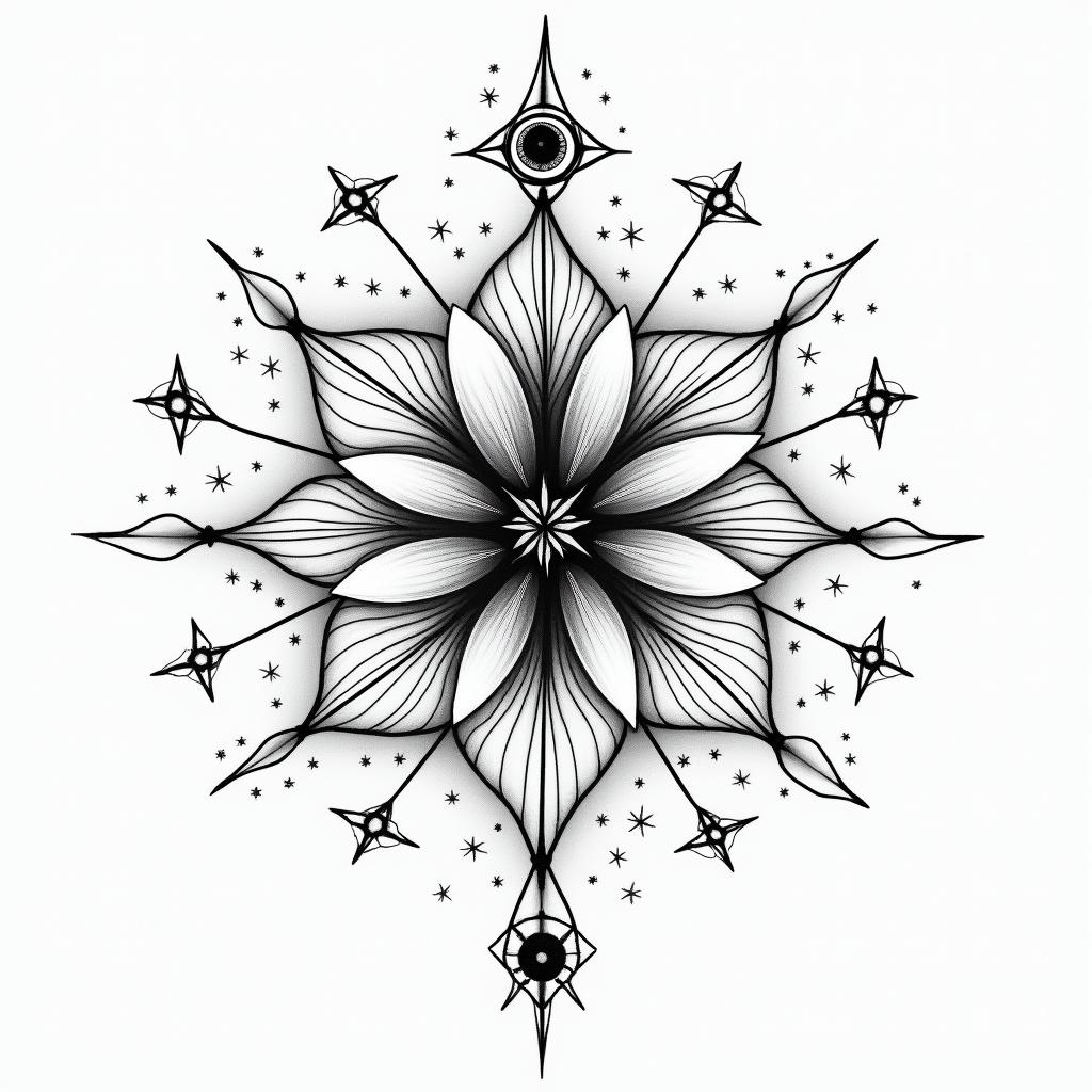 Jasmine flower feminine namein prophecy tattoo style, featuring mystical symbols, celestial imagery like stars, moons, suns, geometric patterns, foretelling elements, an eye of wisdom - Variation 3