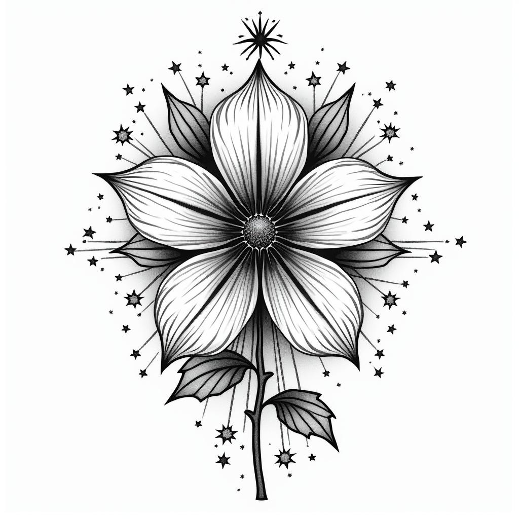 Jasmine flower feminine namein prophecy tattoo style, featuring mystical symbols, celestial imagery like stars, moons, suns, geometric patterns, foretelling elements, an eye of wisdom - Variation 4