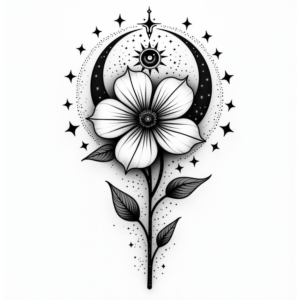 Jasmine flower feminine namein prophecy tattoo style, featuring mystical symbols, celestial imagery like stars, moons, suns, geometric patterns, foretelling elements, an eye of wisdom