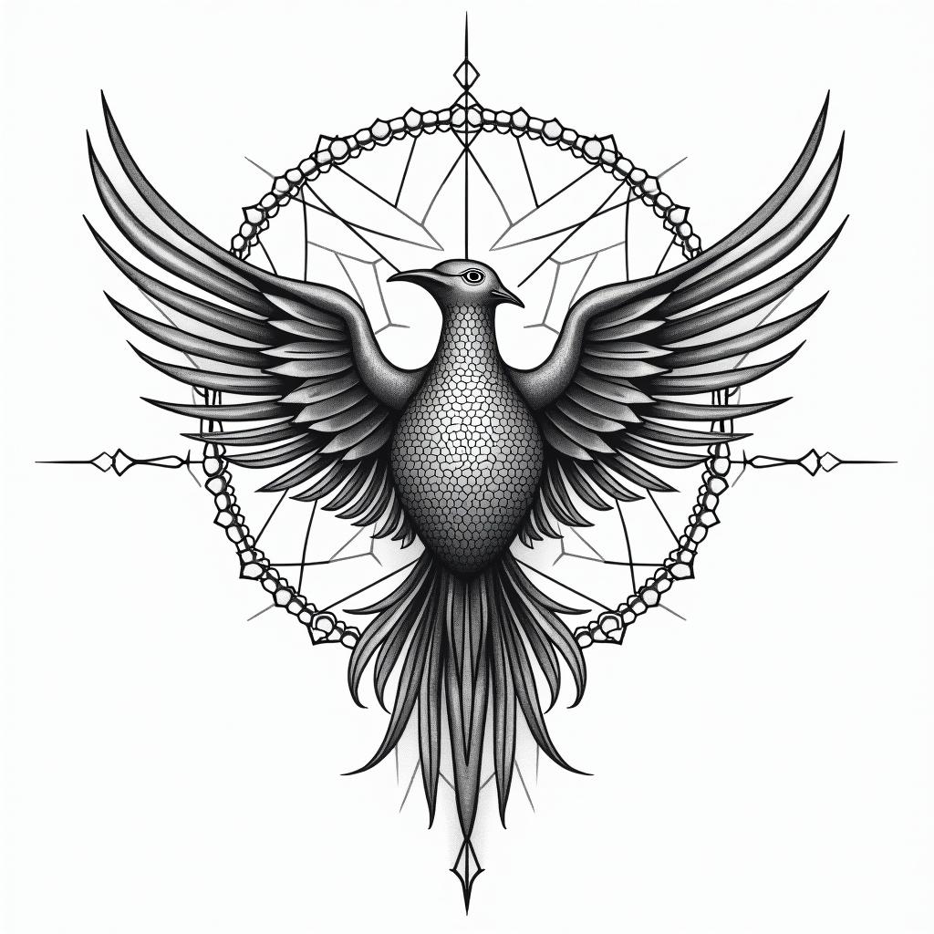 Fine lines, important dates, Phoenix in geometric style tattoo, blending hexagons, mandala-inspired patterns, symmetrical and fractal design, clean lines, sharp angles - Variation 3